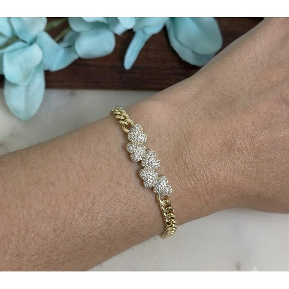 14K Gold Plated XP Womens Heart Pave Crystal Curb Chain Bracelet Adjustable